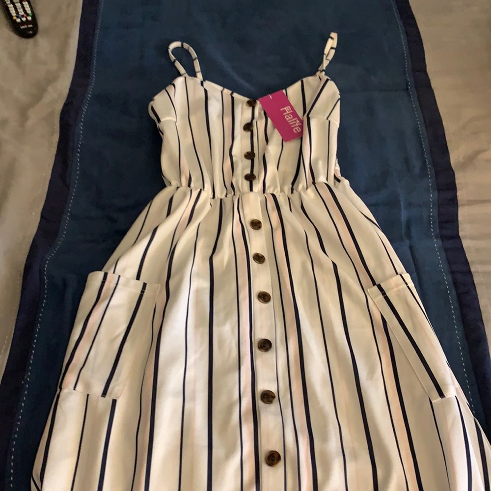 White with blue and light pink stripe midi dress